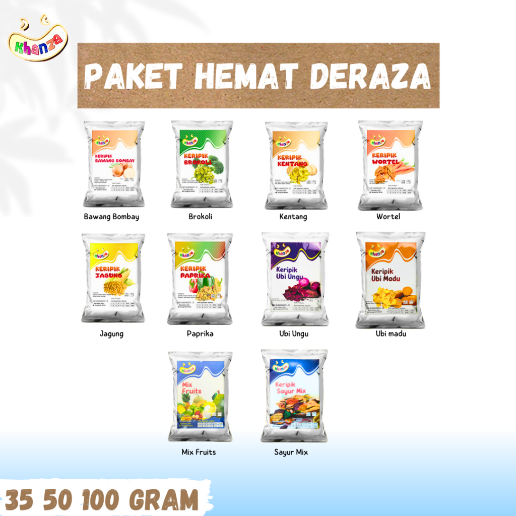 

Paket Hemat "DEARAZA" 10 Pcs Keripik Sayur Bombai Brokoli kentang Wortel Jagung Paprika Ubi Ungu Ubi Madu 50 Gram