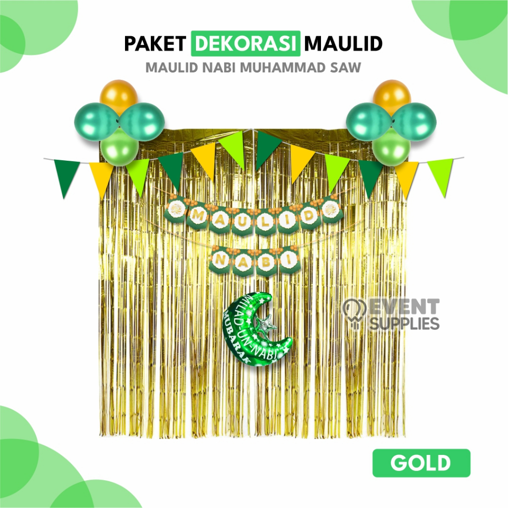 Kaloona.Shop Paket Hemat Dekorasi Maulid Nabi Muhammad / Balon Hiasan Gold Silver 2M X 2M Event