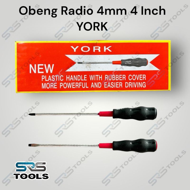 YORK Obeng Radio Gagang Karet 4 Inch x4mm Minus ( - ) Plus ( + ) / Obeng Setting Kurus 4"