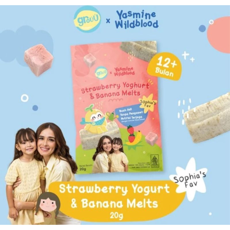 Grouu Strawberry Banana Yoghurt Melts 20gr - cemilan bayi anak