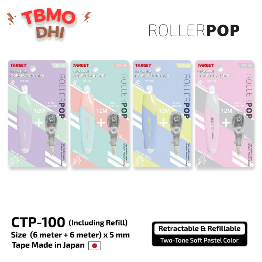 

TBMO Correction Tape Target / CTP-100 ROLLER POP Two Tone Soft Pastel color + Refill 6 mtr