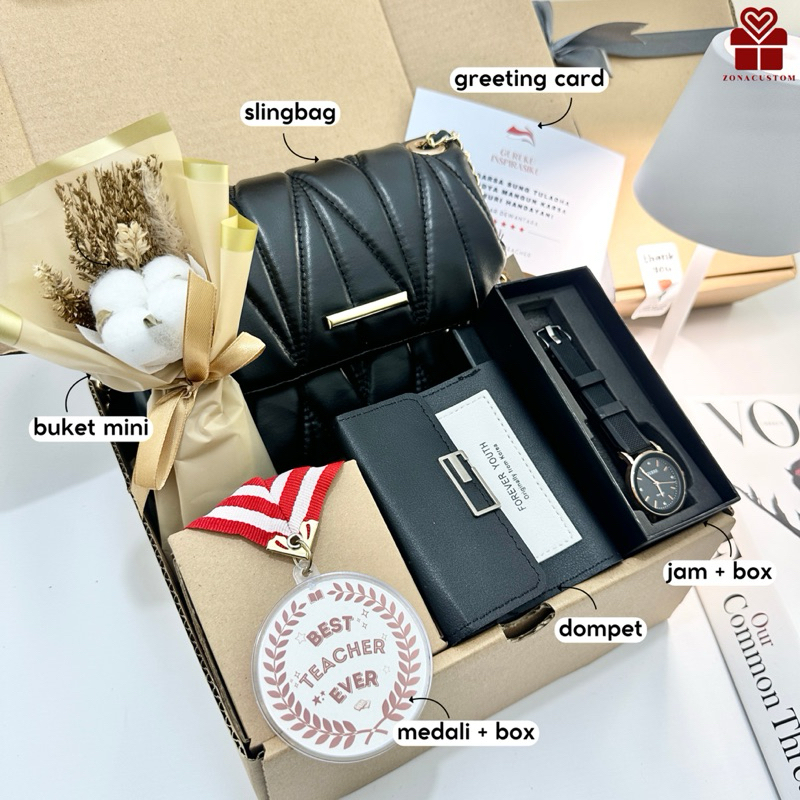 Kado Hampers Guru - Kado Guru Perempuan - Kado Guru Tas Slingbag Dompet Jam - Hadiah Perpisahan Guru
