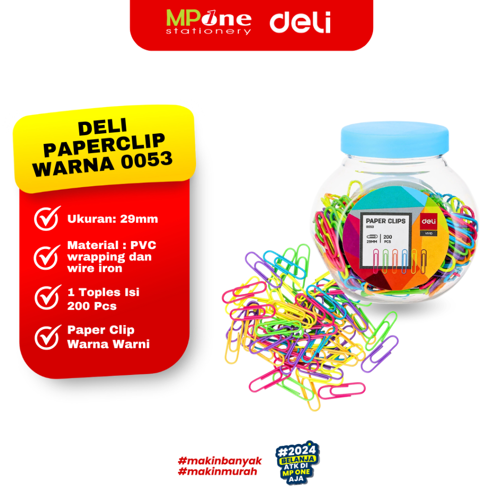 

(1 PACK) Deli Paper Clip No.1 0053 Warna Warni Isi 200pcs / Penjepit Kertas Toples Warna DELI 0053 / Klip Kertas