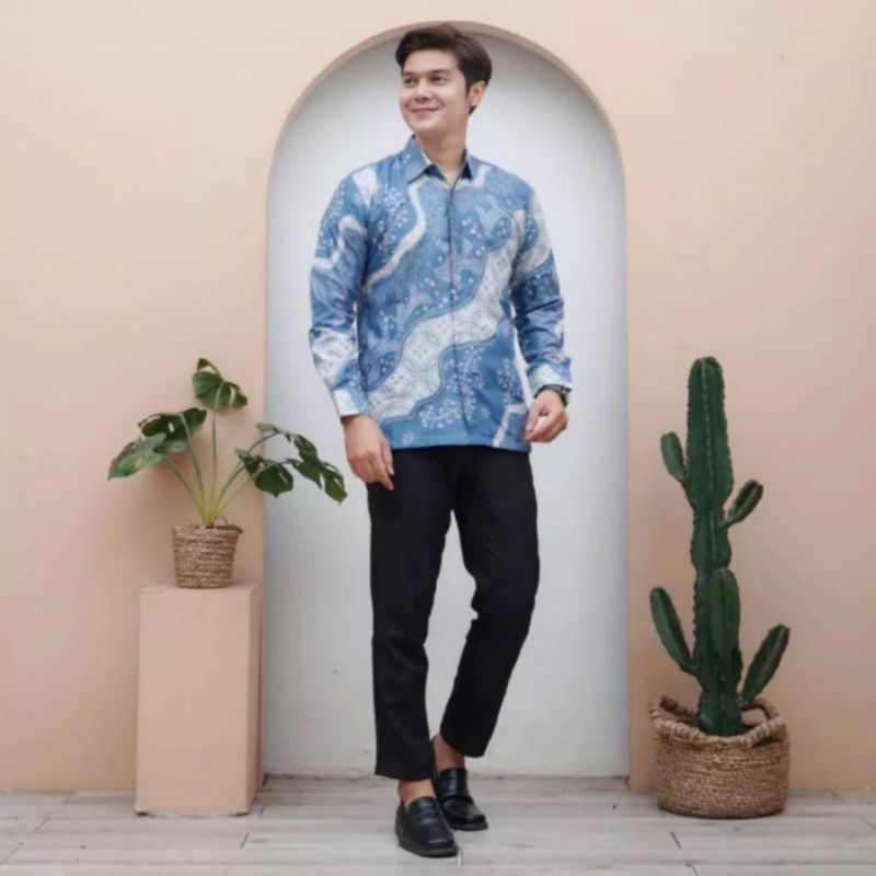 Fatih Batik Medan - Batik Pria Lengan Panjang Biru Denim KM7787 Seragam Batik Cowok Pesta Pernikahan
