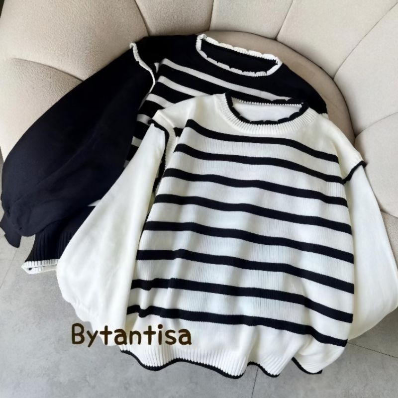 Sweater Atasan Knit Stripe Rajut Korean Wanita Oversize Jumbo Atasan Baju Wanita Lengan Balon Terlar