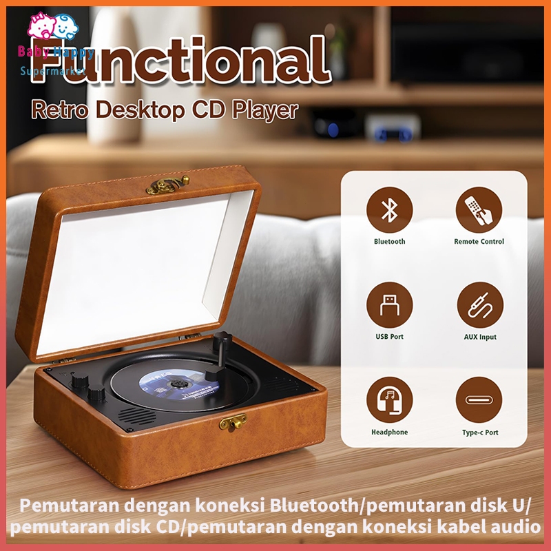 Pemutar CD Retro Dengan Speaker Speaker Bluetooth Portabel Input / Output Audio AUX Baterai Internal