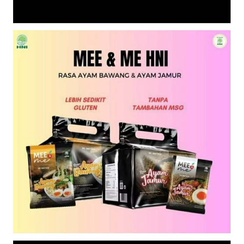 

mee & me ayam bawang jamur pouch & karton hni hpai mie tanpapengawet aman dikonsumsi tiap hari