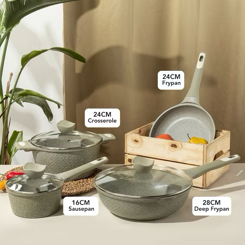 CAROTE Granit Warna HIJAU set (7pcs) Anti lengket, panci penggorengan wajan bebas PFOA anti lengket,