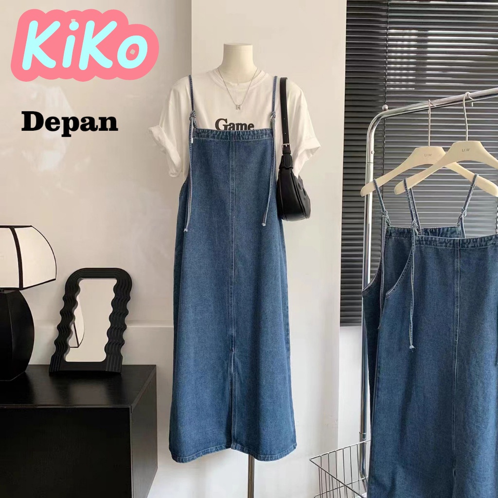 KIKO baju kondangan wanita kekinian overall dress jeans jumbo midi dress denim rok belah samping jam