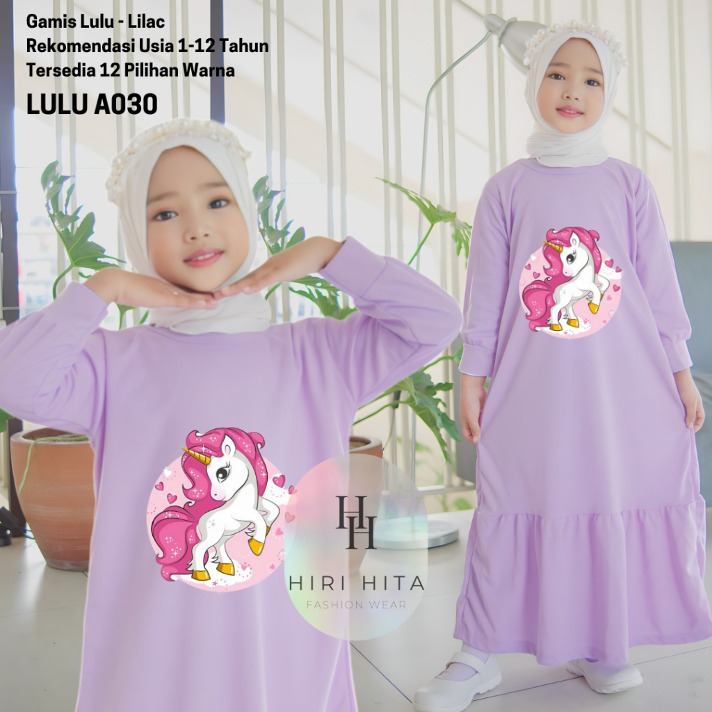 Hirihita A030 Baju Gamis Lulu Anak Perempuan Unicorn Kuda Pony 12 Pilihan Warna 1-12 Tahun