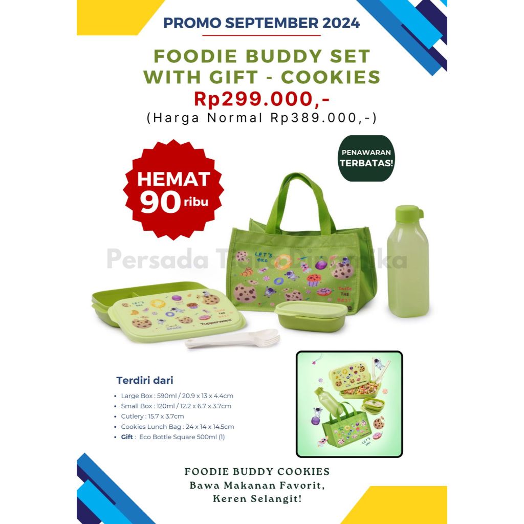 TUPPERWARE FOODIE BUDDY SET GRATIS ECO BOTTLE SQUARE 500ML (1) - HIJAU