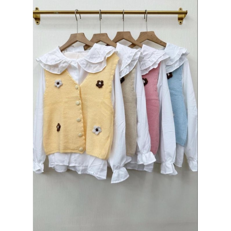 Atasan wanita kemeja putih mix rajut import premium