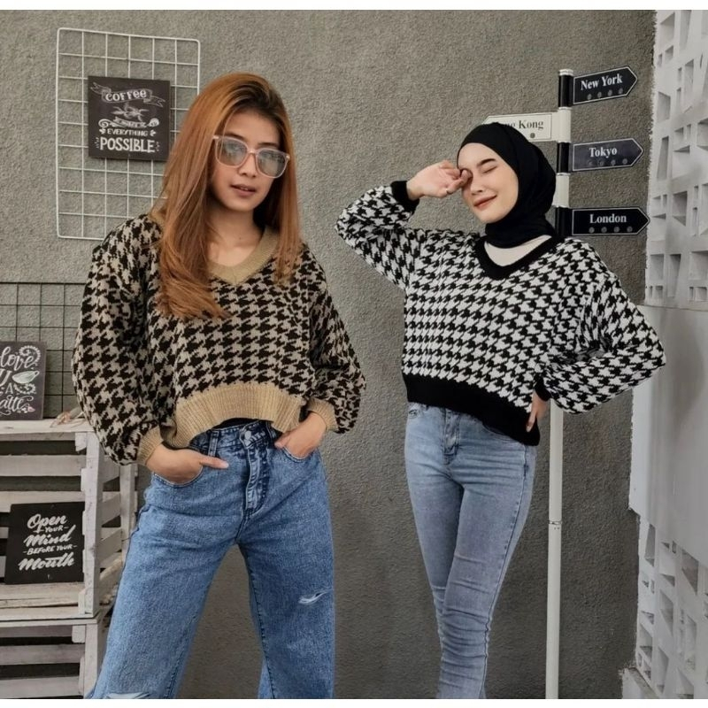 AUTUMN CROP TOP SWEATER HOUNDSTOOTH RAJUT V NECK WANITA TRENDY