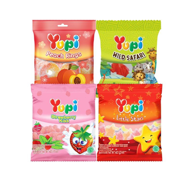 

YUPI CANDY GUMMY KISS STRAWBERRY, LITTLE STARS PEACH RINGS WILD SAFARI PACK 45GR