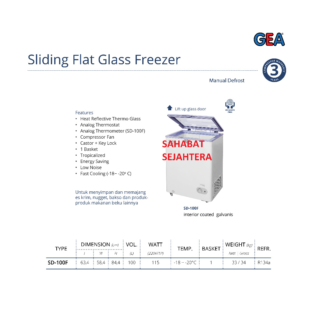 GEA Sliding Flat Glass Freezer SD-100F Freezer Sliding Kaca