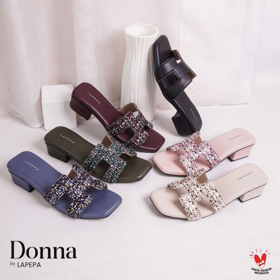 LAPEPA YUK - DONNA Sandal Wanita Slop High Heels Tinggi Sedang 4cm Size 36 - 40 Sendal Selop Hak Tah