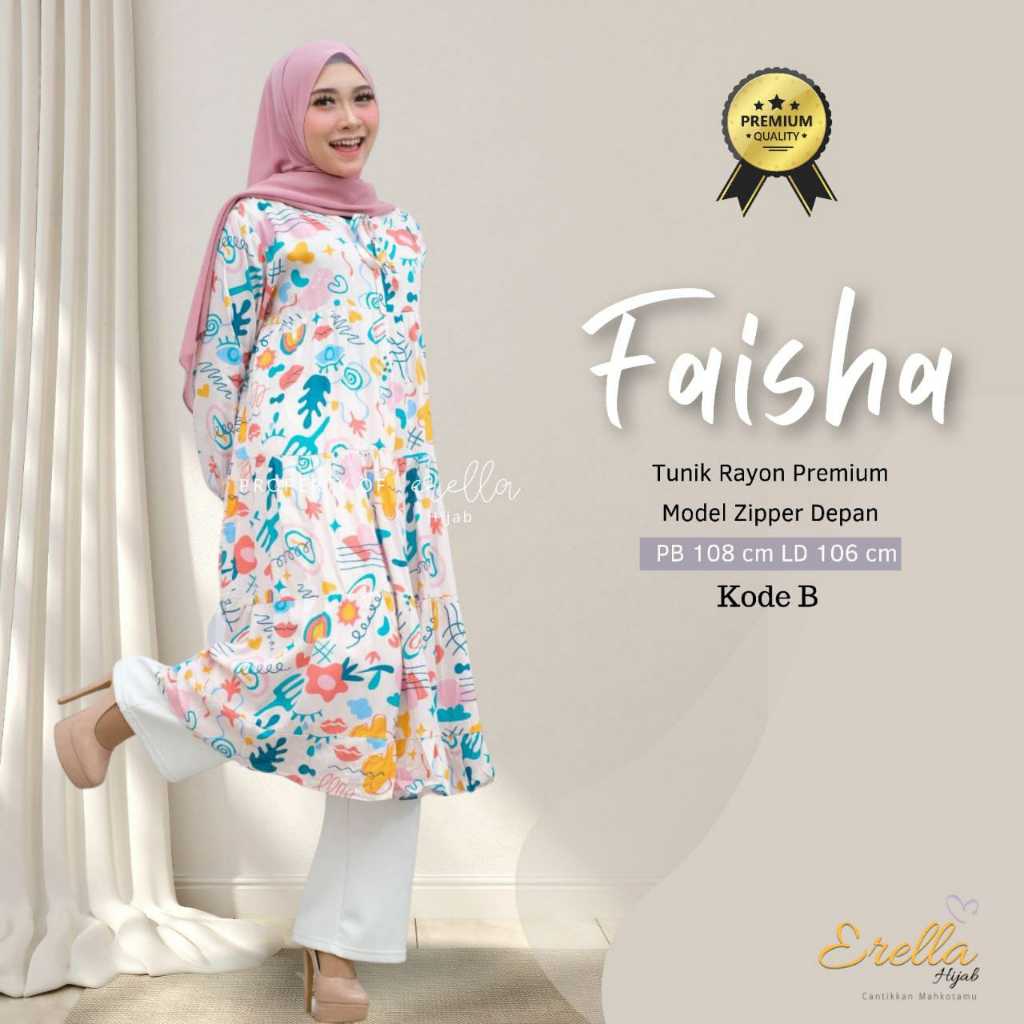 Faisha Tunik Rayon Kekinian Motif Wanita Panjang Zipper depan Bahan Rayon Twill Premium
