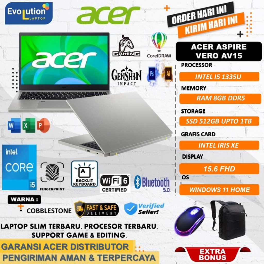 Laptop Terbaru Murah Acer Aspire VERO AV15 Core i5 1335U Ram 8GB 2TB SSD 15 inch FHD Win1