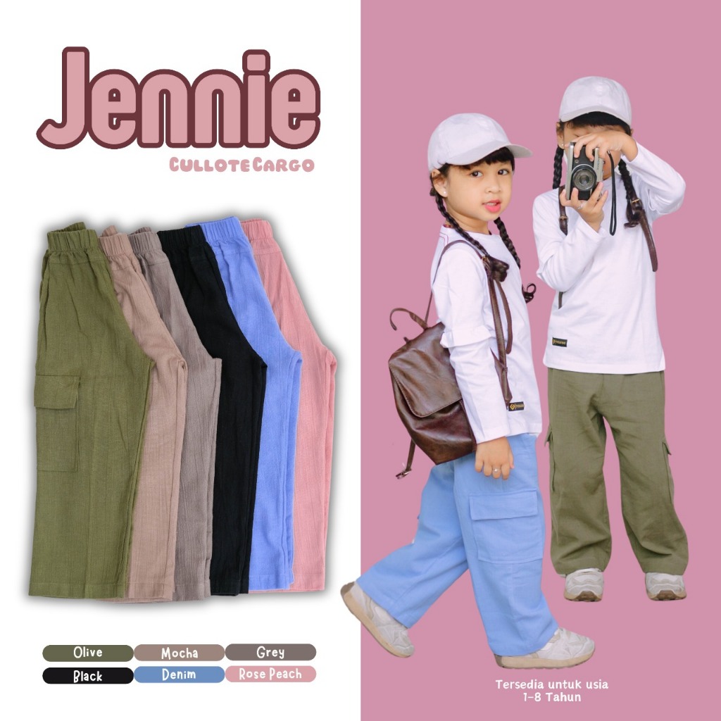 Nauree Jennie Cargo Pants Anak Perempuan Celana Kulot Panjang Linen Crinkle Premium Kids Usia 1-8 Ta