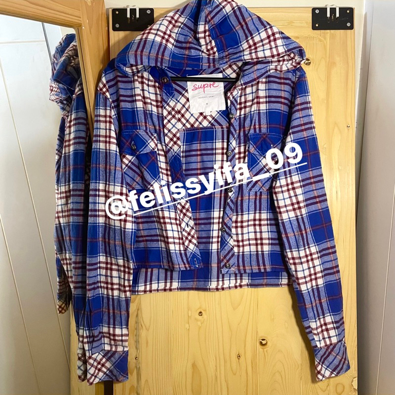 BAJU KEMEJA HOODIE CROP KOTAK KOTAK