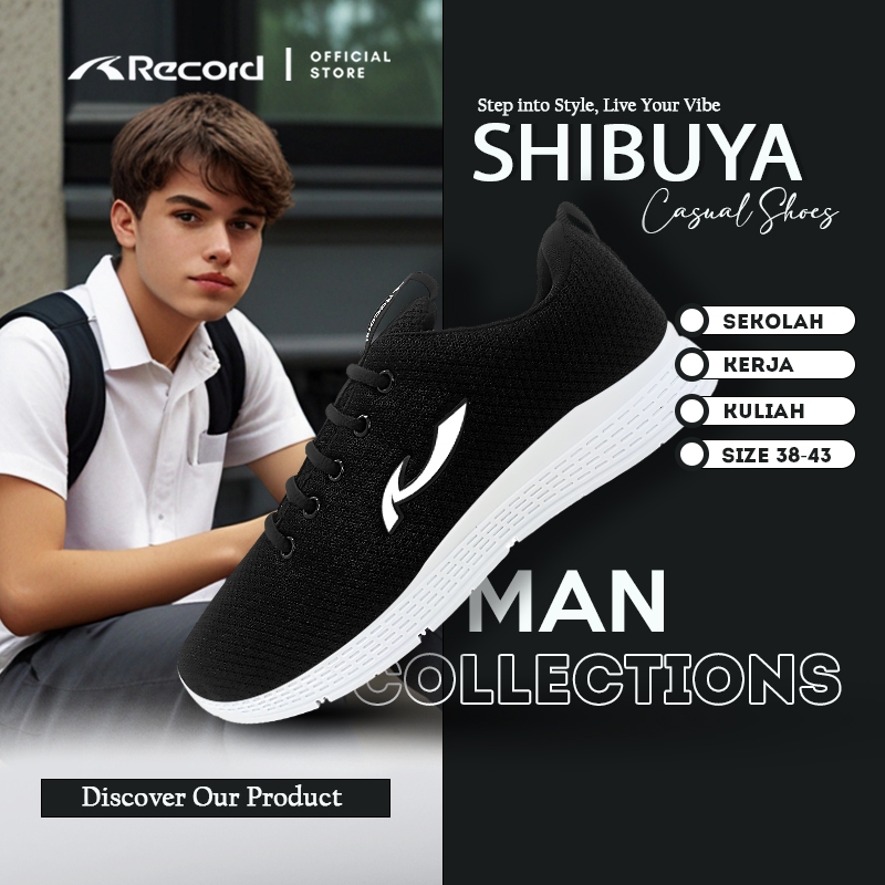 RECORD SHIBUYA BTS SEPATU SEKOLAH ANAK SMP SMA LAKI FULL BLACK HITAM/PUTIH 12 THN KEATAS TALI 38-43