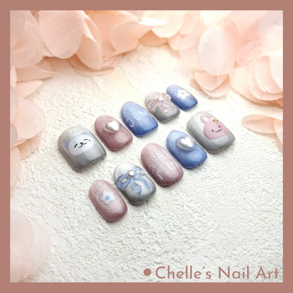 NCT Cat Eye Jeno Jaemin 3D Ribbon Pearl Nails Custom Fake Nails Kuku Palsu Handmade Murah