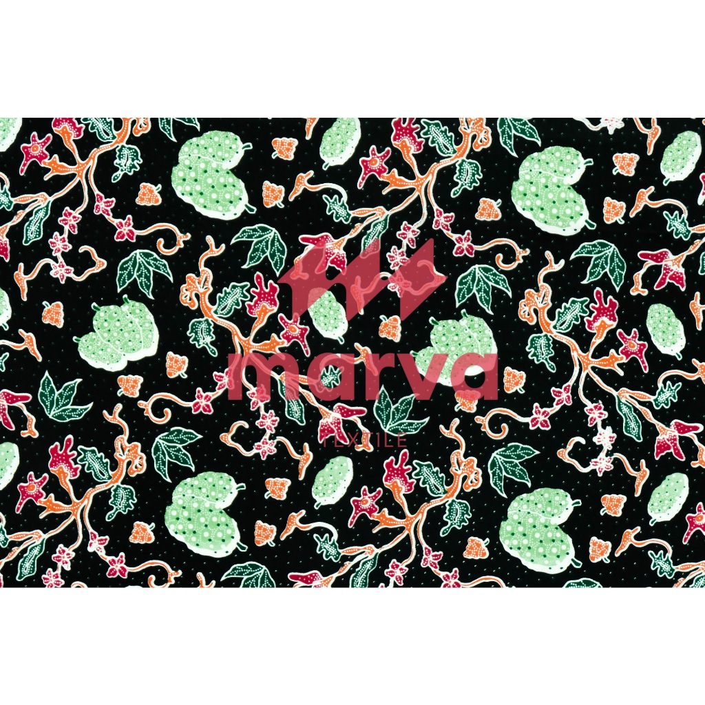 Kain Batik Meteran Premium Bahan 100% katun motif bunga dan buah warna hitam by Marva textile