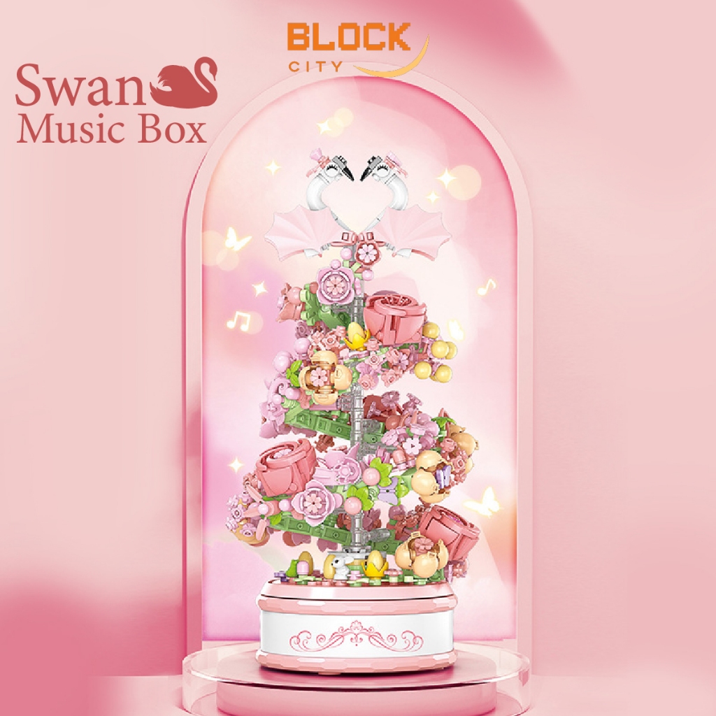Block City-Lele Music Box Swans Puzzle Bloc Bricks dengan musik box