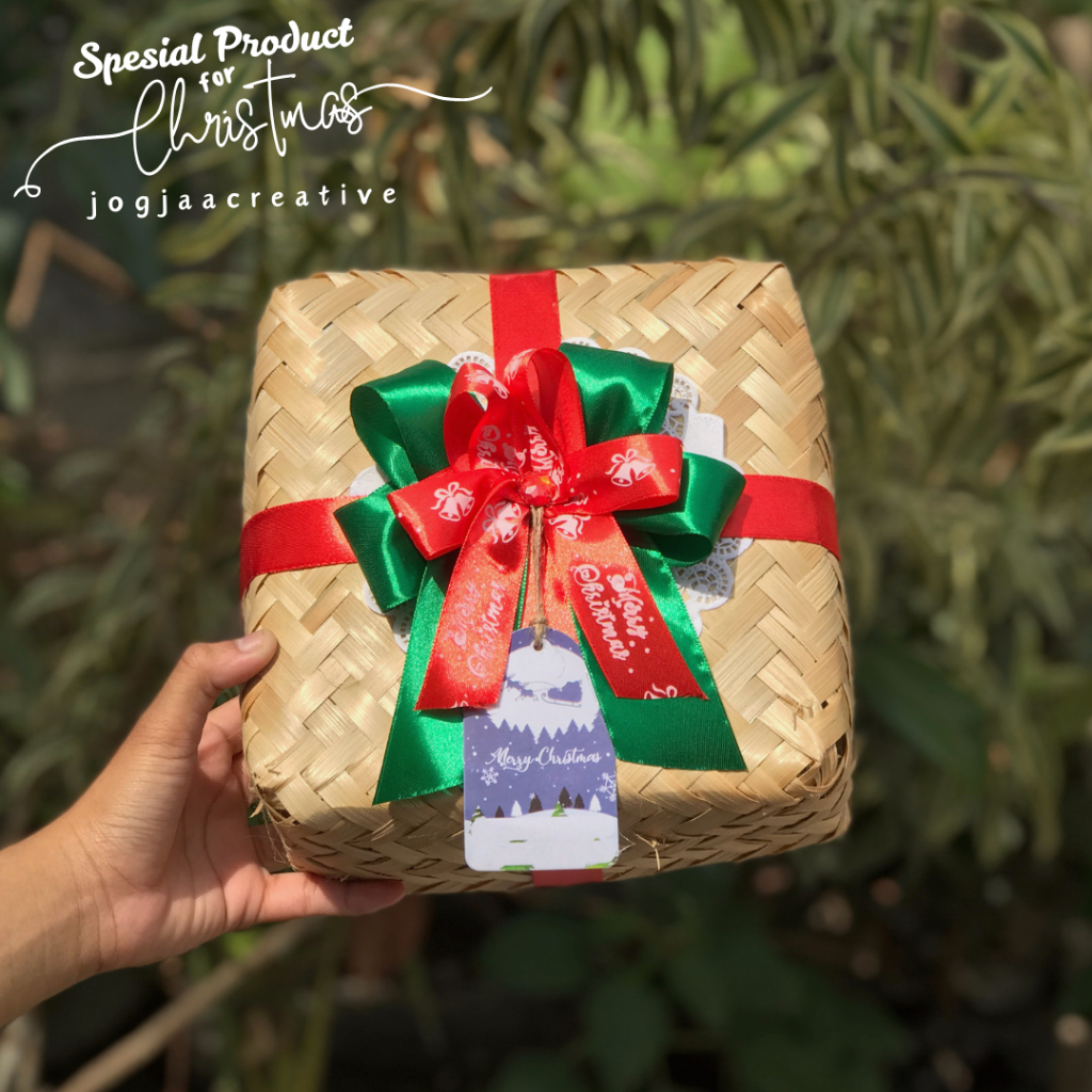 [Christmas Series] Besek Bambu Natural Berbagai macam Ukuran diHias pita spesial Natal Unik Pita Nat