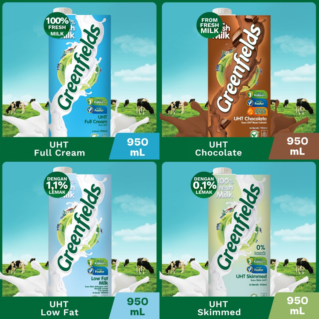 

susu UHT Greenfields 1 Liter 1L 1000mL 950mL 950 ml FullCream LowFat Chocolate Skimmed