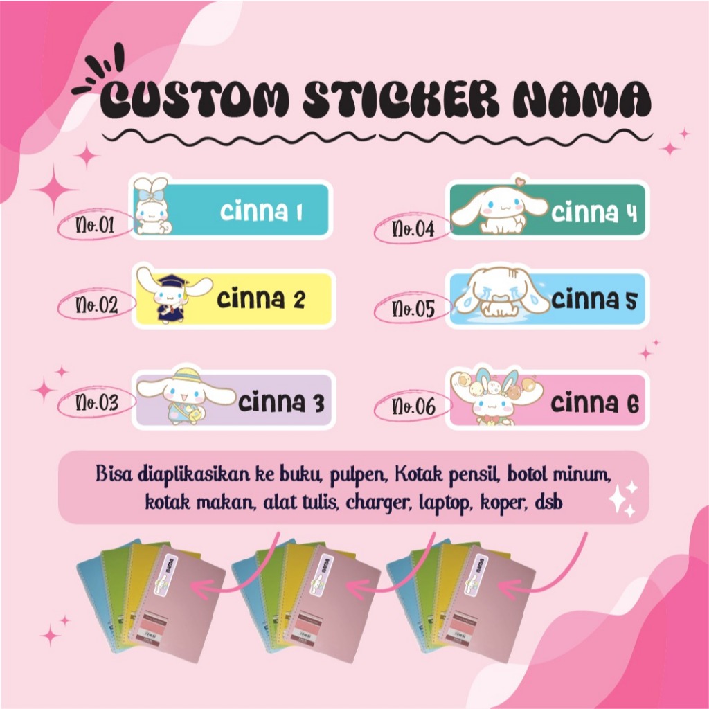 

STICKER LABEL NAMA ANIME SANRIO CINNAMOROLL VERSION STIKER LEBEL CUSTOM PREMIUM MURAH LUCU BISA TEMPEL DI BUKU KOTAK PENSIL HELM BOTOL MINUM KOTAK MAKANAN ALAT TULIS KOPER LAPTOP HP PINTU KACA