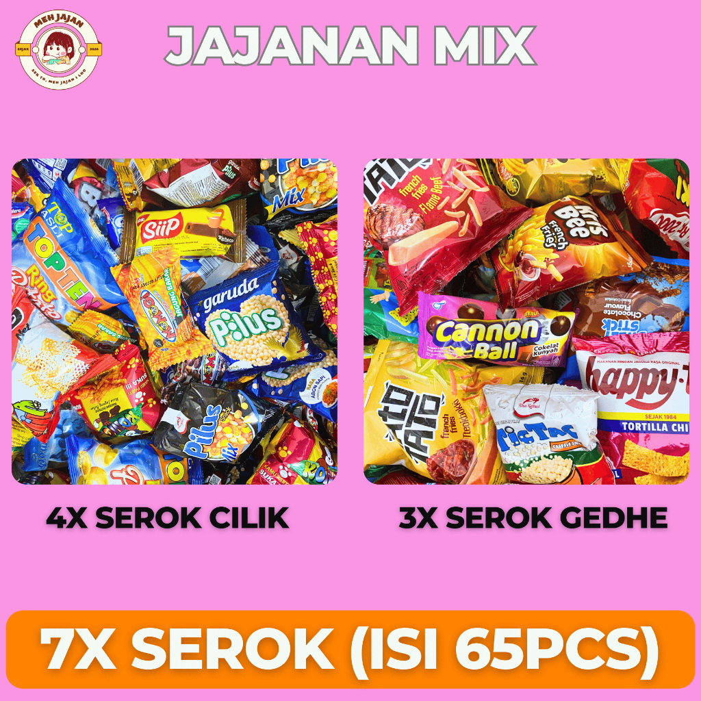 

(7X SEROK ISI 65pcs) JAJANAN MIX SNACK MURAH MANIS GURIH RANDOM - FREE GIFT