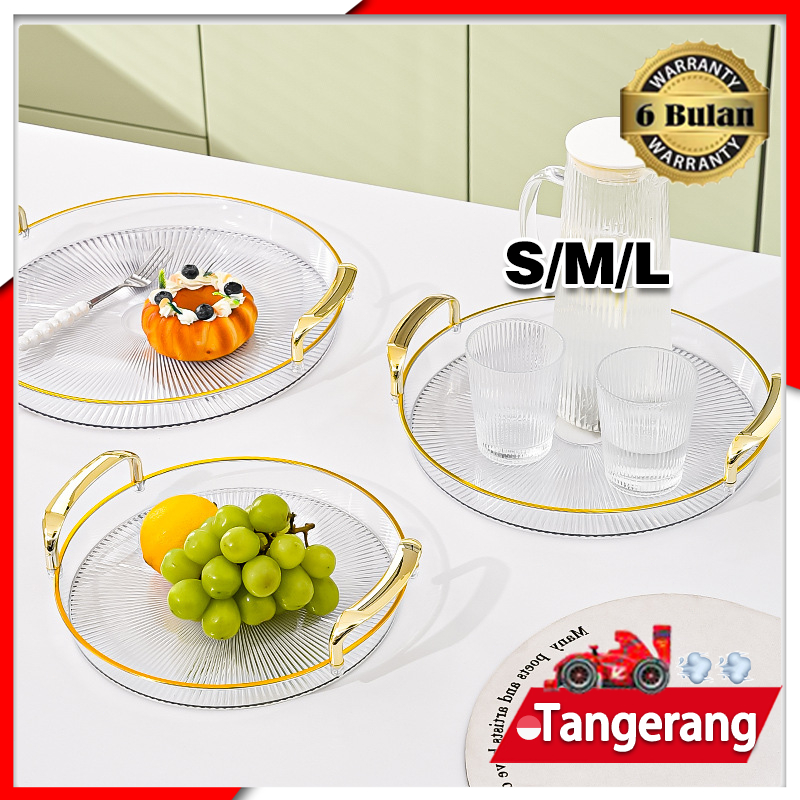 Tray Transparan Bulat Gold Plastik Nampan Transparan Luxury Snack Fruit Tray