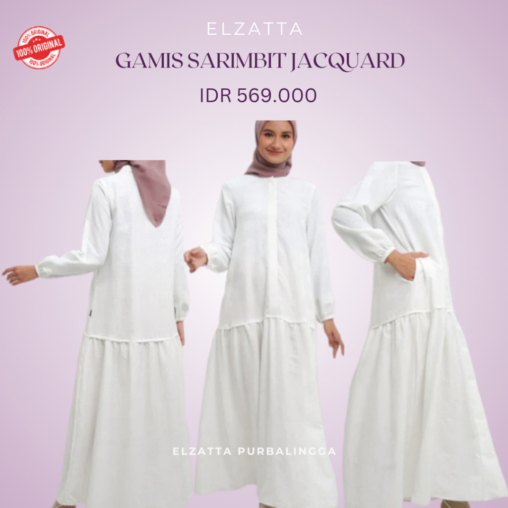 Elzatta Gamis Wanita Sarimbit Jacquard Gamis Perempuan Putih Bahan Katun Elzatta