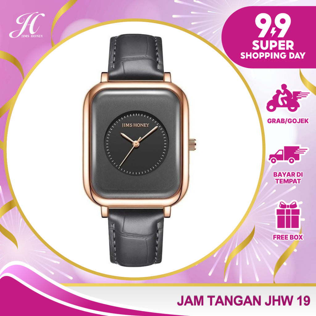 JIMS HONEY JHW 19 JAM TANGAN WANITA PRIA ANALOG SQUARE KOTAK PERSEGI TALI KULIT ANTI AIR