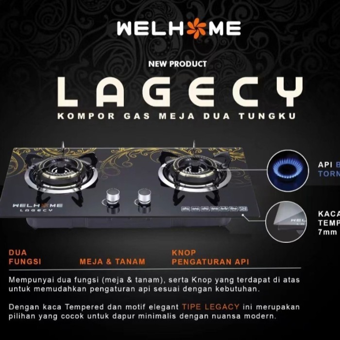 Welhome Kompor Gas Kaca Tanam Lagecy Kompor Meja 2 Tungku