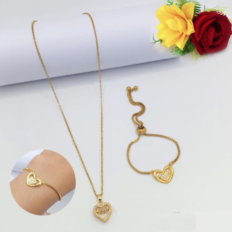 set kalung + gelang serut love permata titanium fashion wanita