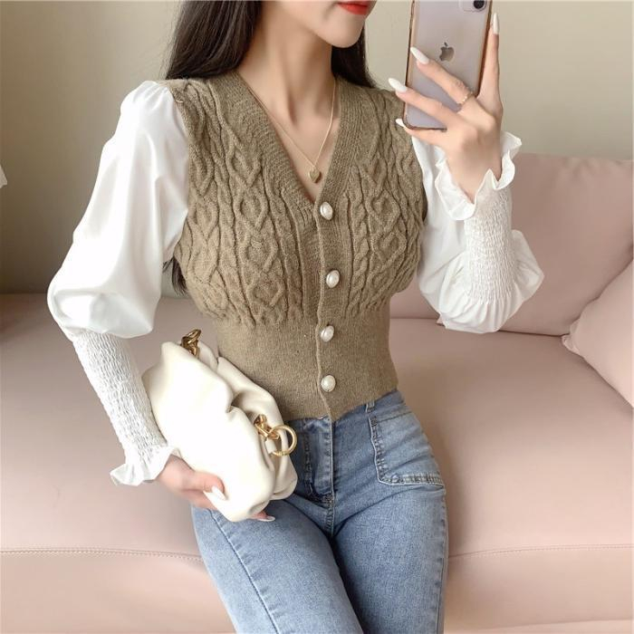 [TTEUDA] Atasan Wanita Blouse Knit Lengan Balon Korean Style  | Baju Wanita  Blouse Lengan Balon Kek