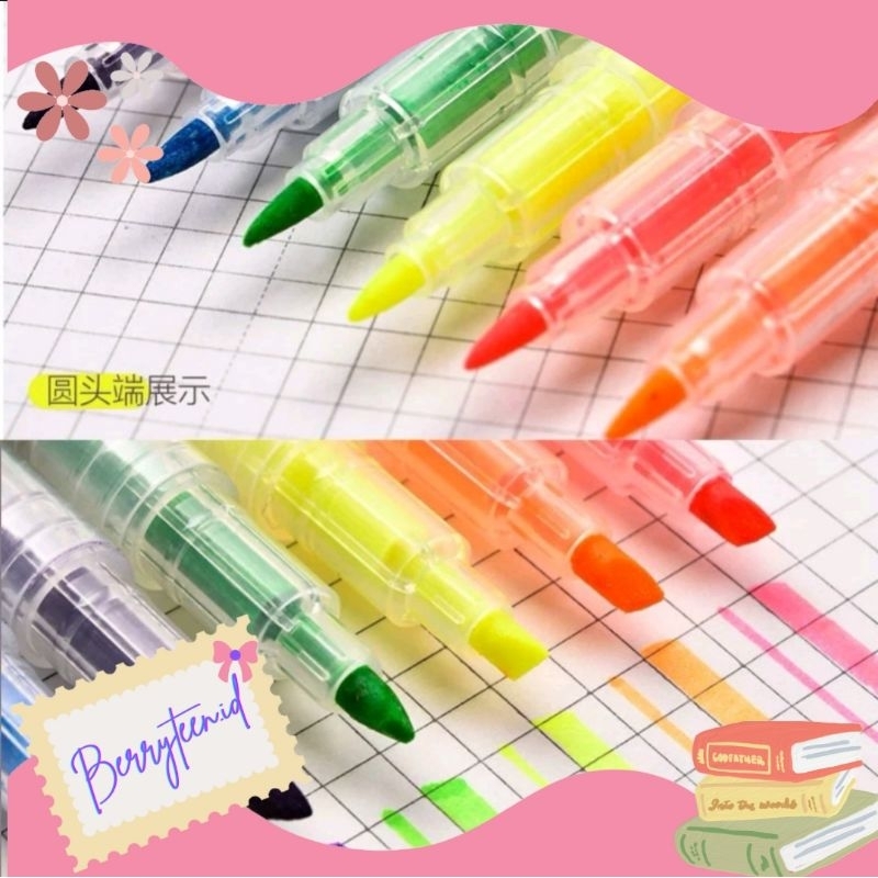 

[Berryteen] 1 Set 6in1 Highlighter Pen Dua Sisi Isi 6pcs Warna Stabilo Dua Arah