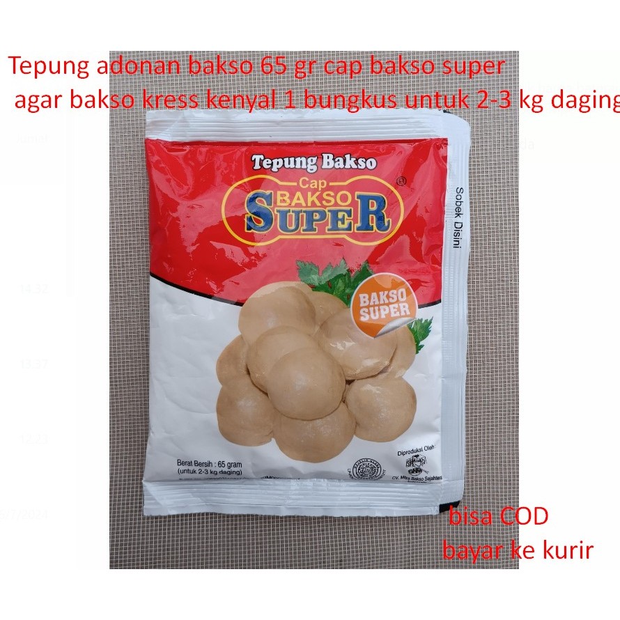 

Tepung adonan bakso 65 gr cap bakso super agar bakso kress kenyal 1 bungkus untuk 2-3 kg daging