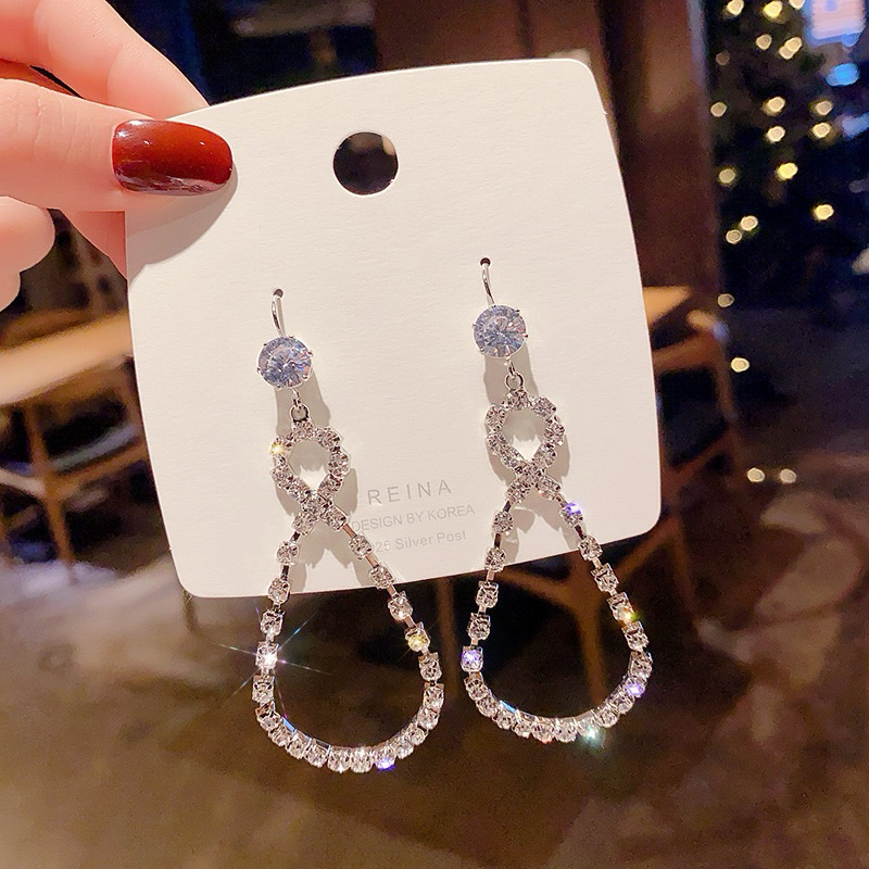 Anting Hook Tassel Panjang Gantung Kristal Crystal Berlian Imitasi Diamond Pesta Glamor Mewah Blink