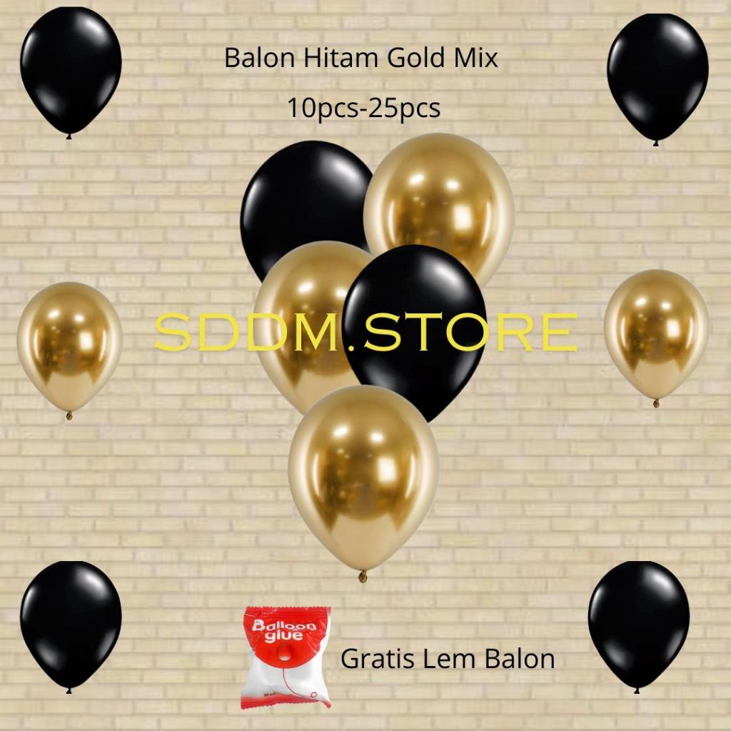 Balon Metalik Mix Warna Hitam Gold Putih Silver Rosgold isi 10pcs-25pcs Free Lem Balon