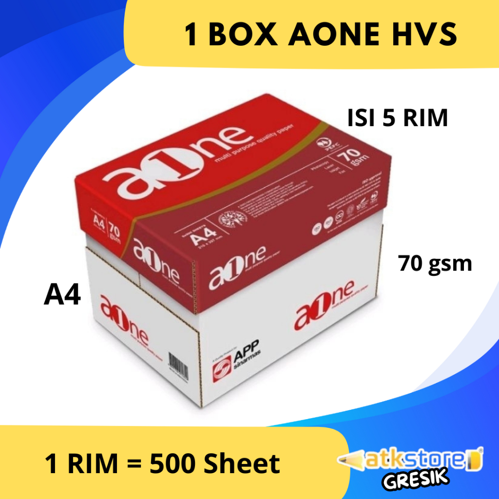 (1 BOX / 5 RIM) Kertas HVS A4 AONE 70 GSM Kertas Print Fotocopy Putih Bersih Tebal
