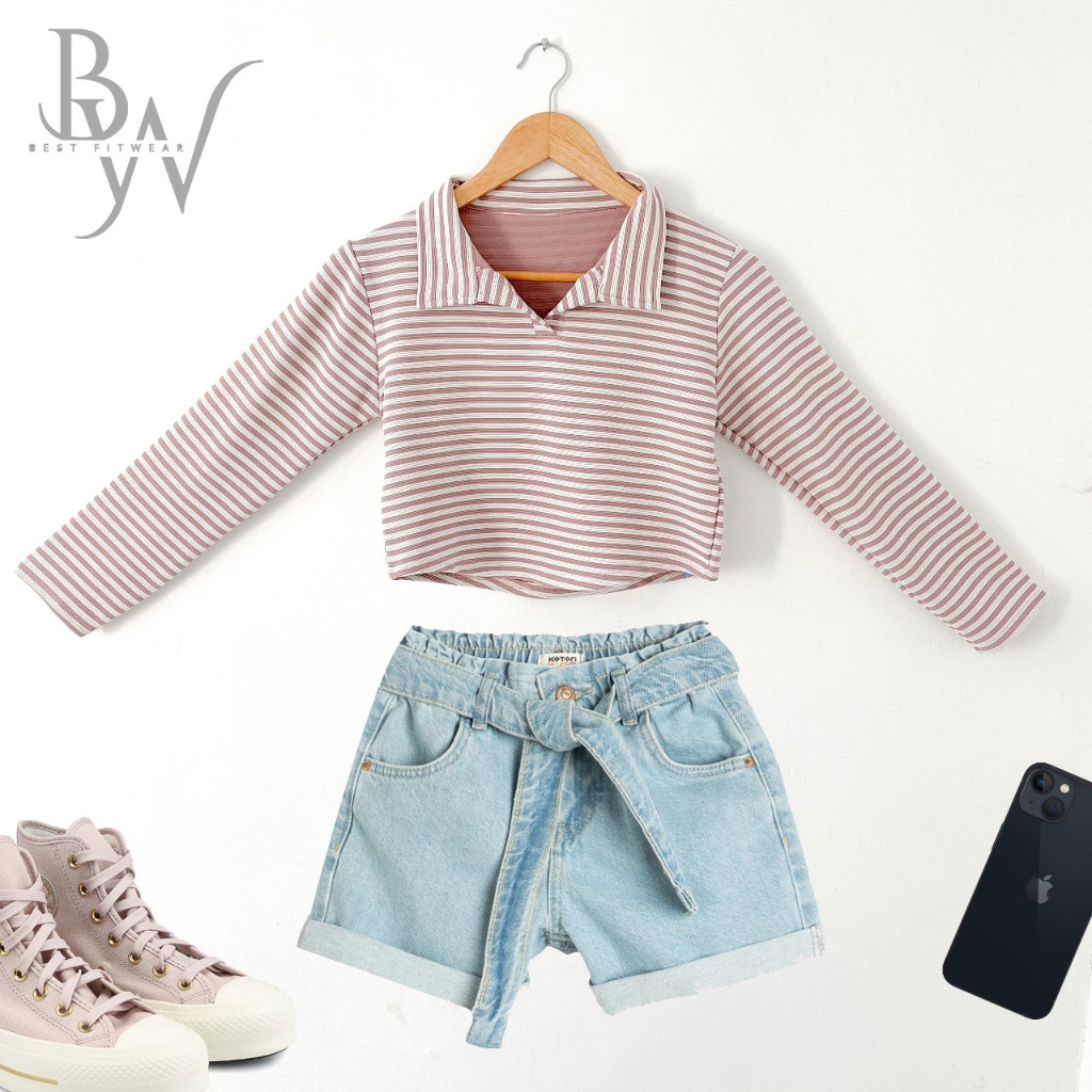 Crop top Polo Shirt Lengan Panjang - Pink