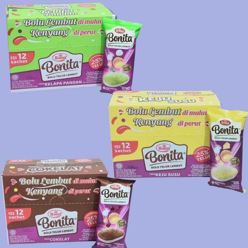 

ROMA BONITA BOLU LEMBUT COKLAT, KEJU SUSU, KELAPA PANDAN 1BOX (12pcs)