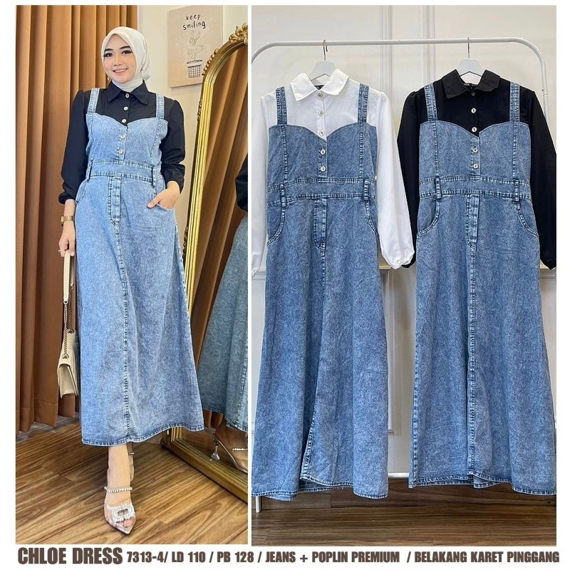 gamis jeans kombinasi katun chloe dress black