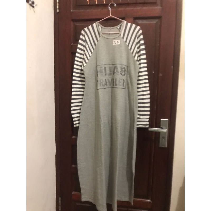 Sale preloved long dress gamis wanita salur/garis-garis warna hitam abu-abu