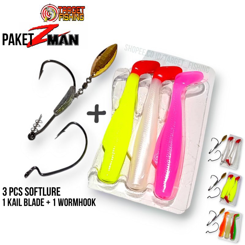Paket Softlure Model ZMAN 8CM + 2 Mata Kail Wormhook Blade - Umpan Casting Gabus Soft Lure Zman 8CM