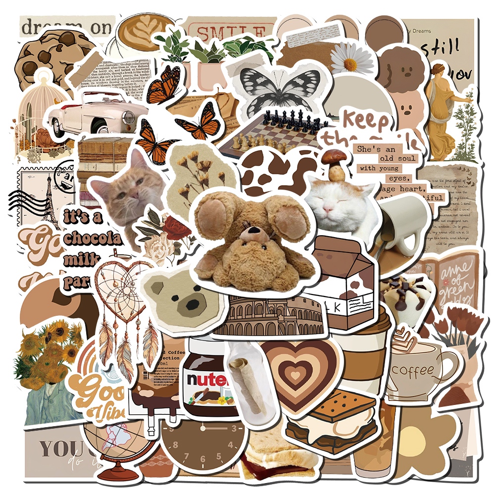 

[60PCS]Stiker Seri Retro Sastra Coklat Decal Vinyl anti air- Decal Anti Air-Sticker Aesthetic Buku Gitar Casing HP Laptop Helm Skateboard