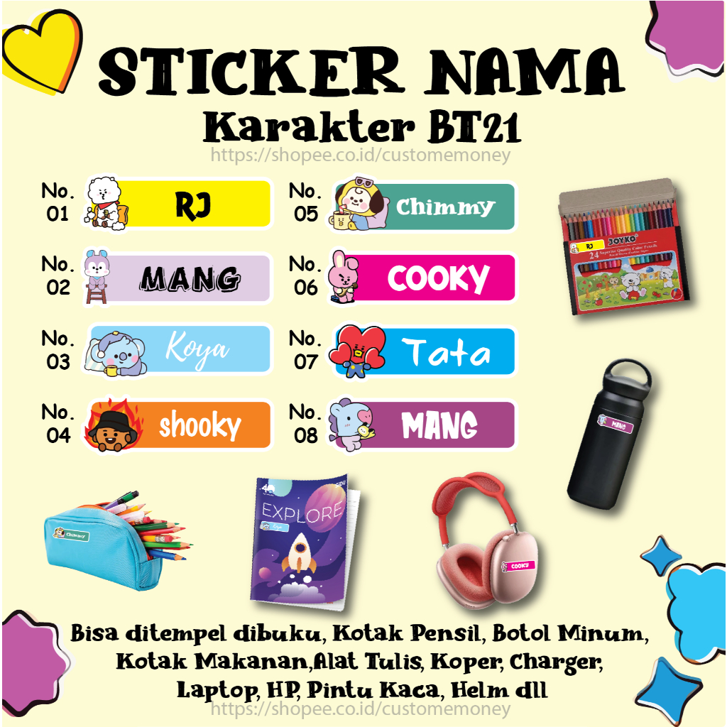 

STICKER LABEL NAMA KARAKTER BT21 BTS BANGTAN ARMY CUTE LEBEL CUSTOM PREMIUM MURAH LUCU BISA TEMPEL DI BUKU KOTAK PENSIL HELM BOTOL MINUM KOTAK MAKANAN KOPER LAPTOP HP ALAT TULIS PINTU KACA